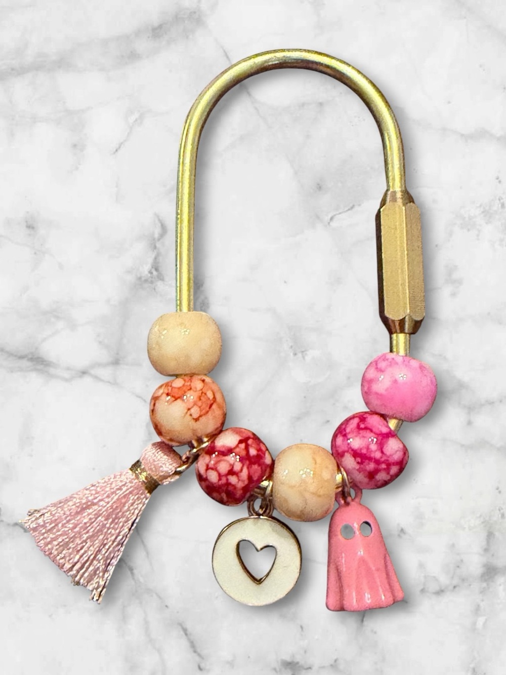 Beaded Pink Tassel Ghost and Heart Charm Keyring - Women Accessories